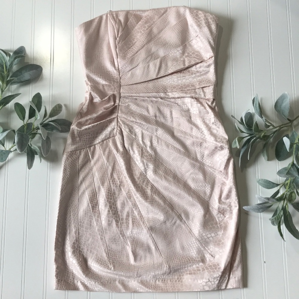 Blush pink colored snake skin strapless dress